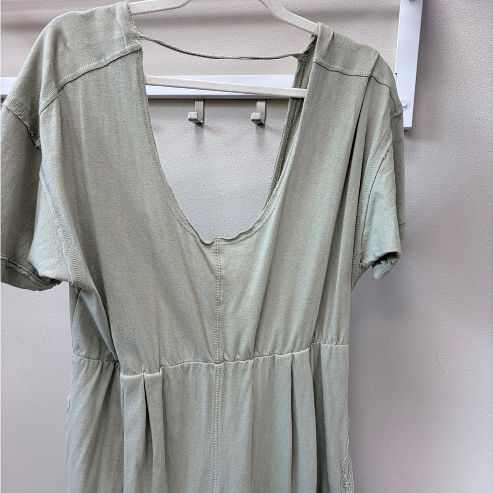 Free People Sage Green Knit Jumpsuit Raw Hem Boho Lounge One Piece - Picture 2 of 6